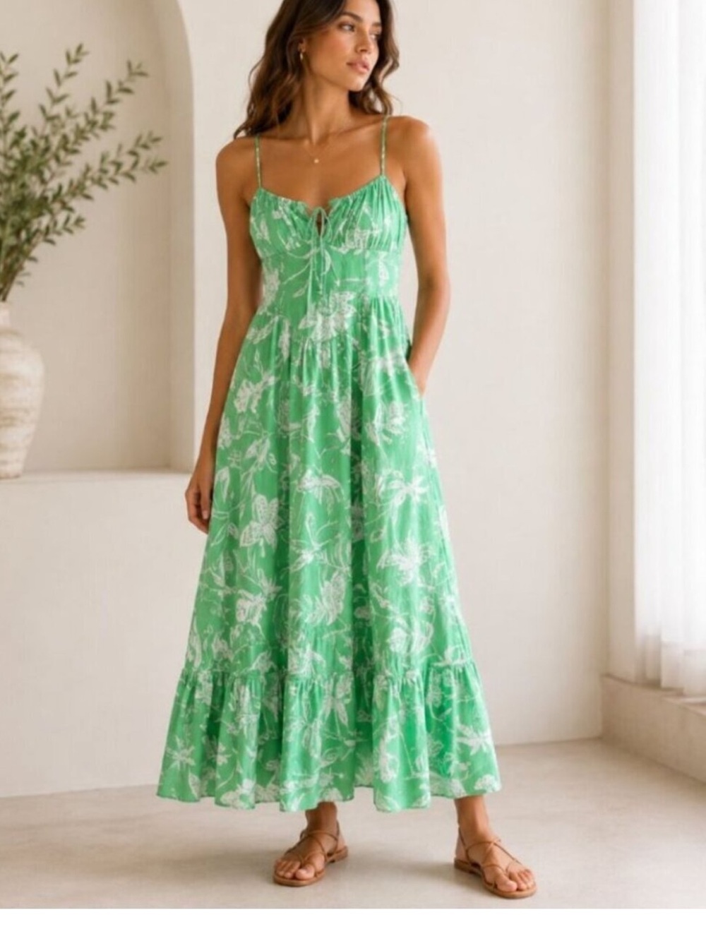 American Eagle Outfitters Green Floral Midi Dress with Tie Front